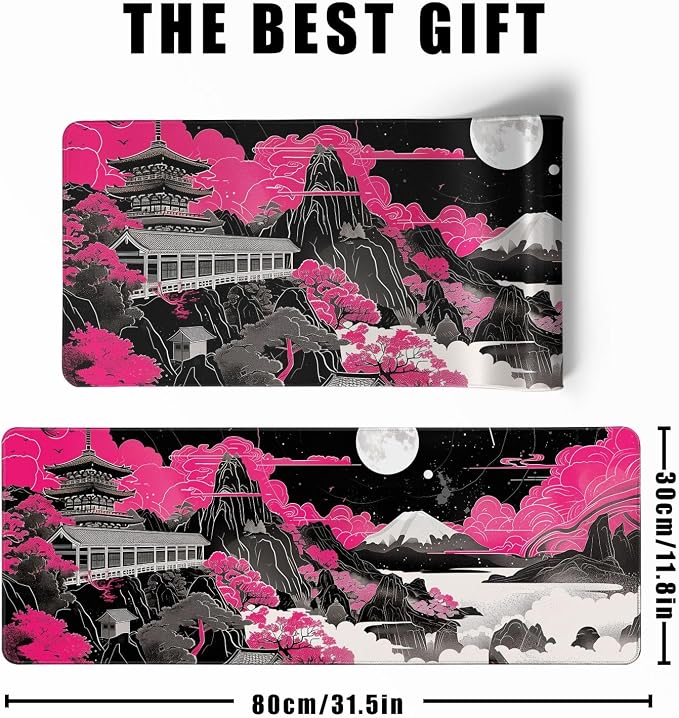 Future Kyoto Mouse Desk Pad Japanese Pink Desk Mat Desk Decor Black White Large Gaming Mouse Pad for Desk Mousepad Computer Office Keyboard Laptop Big Mouse Pad Xl-31.5x11.8 in