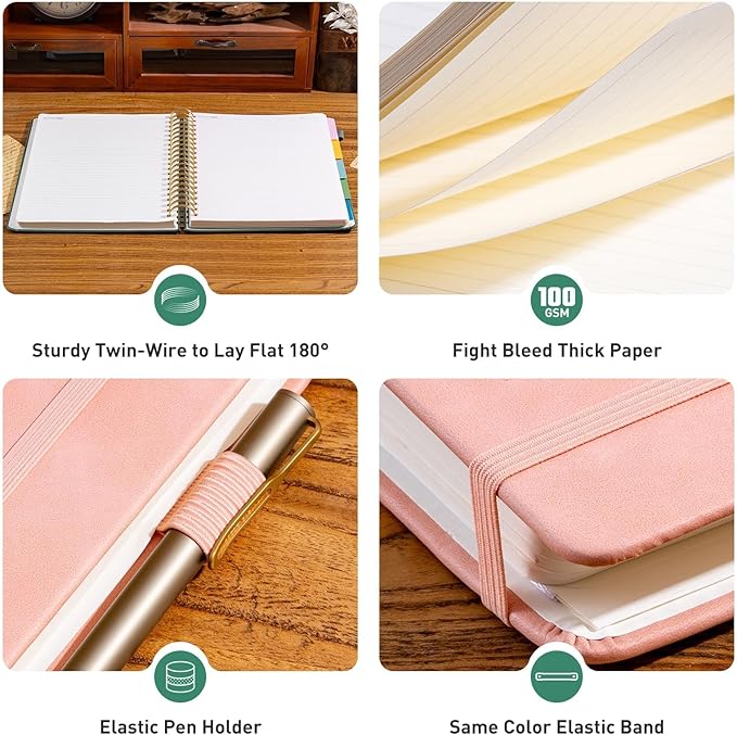 Hardcover Spiral Notebook 8.5" x 11" with 5 Removable Dividers 300 Pages Leather 5 Subject Notebook College Ruled 100GSM Large Spiral Notebooks for Work Thick Lined Journal for Women, Pink