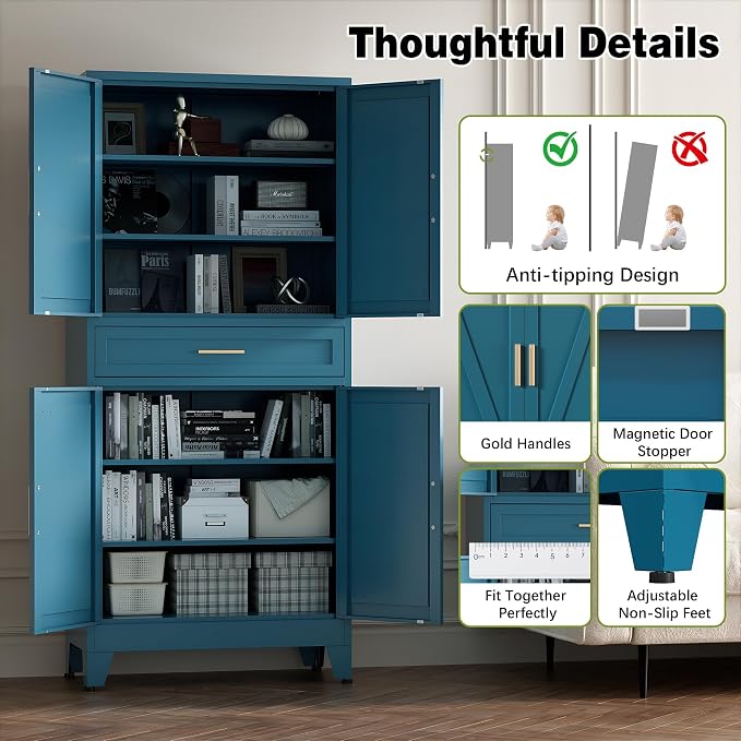COFaR Farmhouse Storage Kitchen Pantry Cabinet with 4 Barn Door, 4 Adjustable Shelves, Drawer and Legs, for Cupboard/Dining Room/Bathroom/Living Room/Office/Laundry Room(Blue Green, 71" Metal Cabinet)