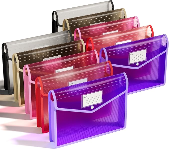 ThinkTex Plastic Expanding File Folder, Transparent envelopes with Snap | No Dividers,Large Capacity,Document Organizer for Receipts, Bills&Taxes,Letter/A4 Size for School/Office/Home-10 Pack