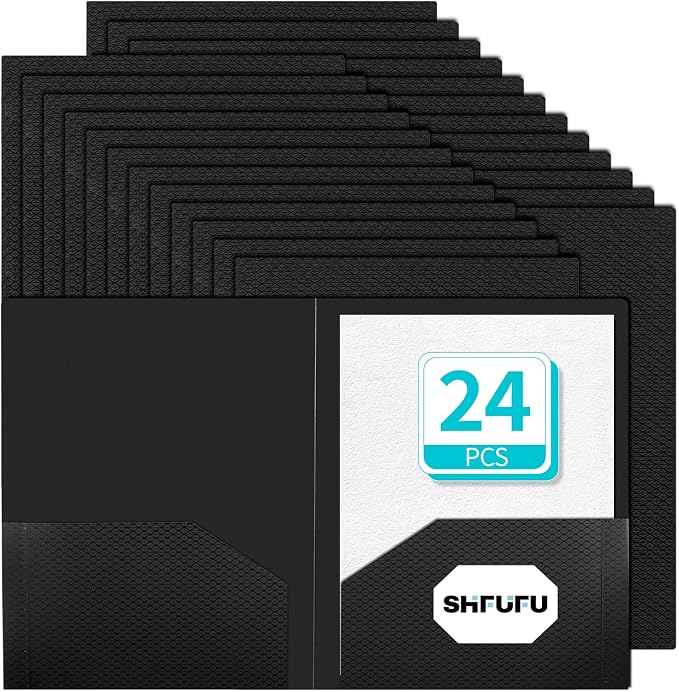 24 Pcs Textured 2 Pocket Plastic Folders（Black）, Durable Letter Size File Folders with Business Card Slot, Heavy Duty Plastic for School Office,Acid-Free,Back to School Supplies,Bulk