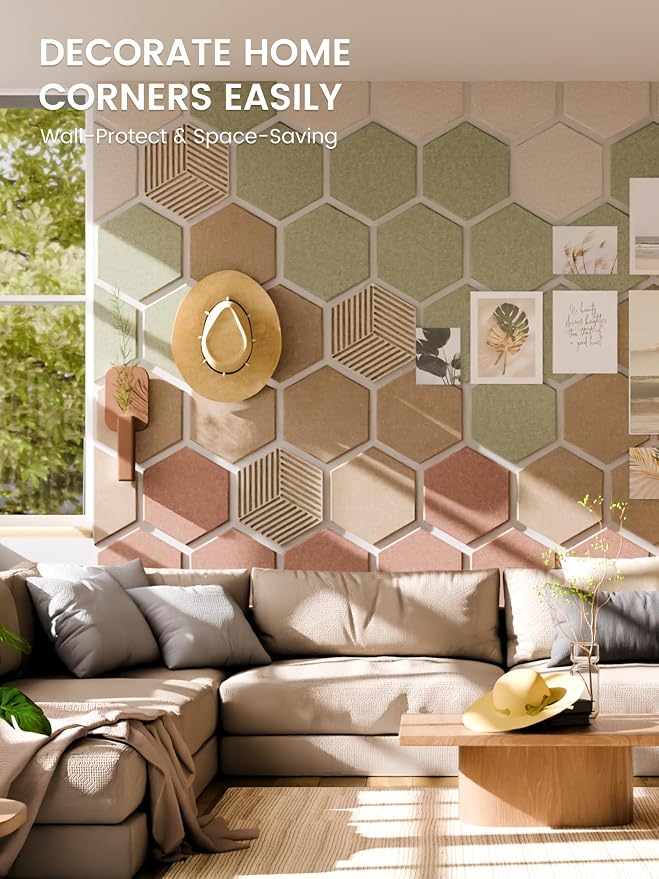 Fluxynara 10-Pack Hexagon Felt Bulletin Board Tiles, Boho | Cork Board Alternative for Wall Decor and Vision Boards, with 50 Adhesive Tabs for Home, Office, Classroom or Dorm.