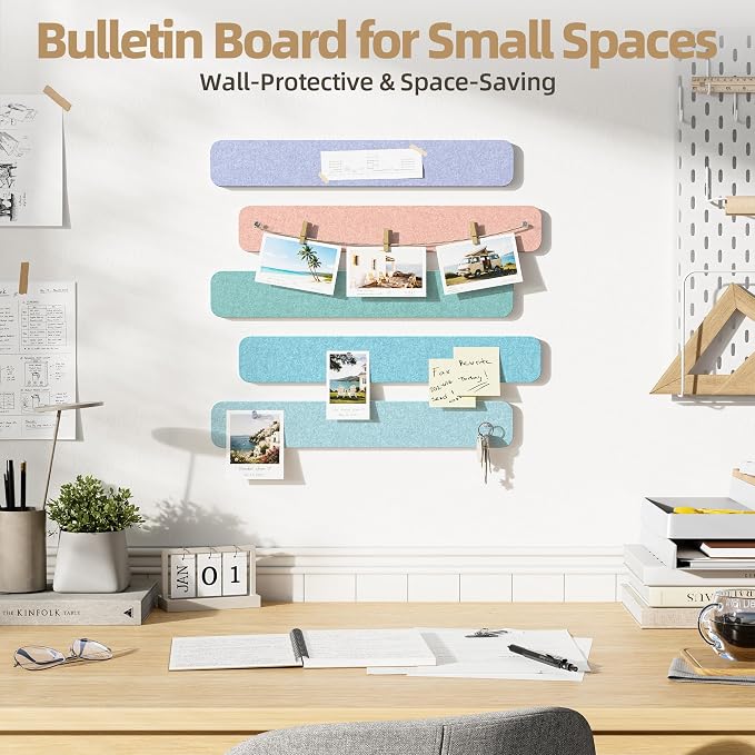10 Pack 13"x2" Cork Board Strip with Removable Adhesive Squares & Push Pins | Pin Board Alternative Felt Strip Bulletin Board, Felt Board for Photo & Note Display, Home Office Decor - Pastel Breeze