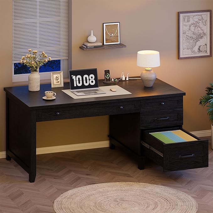 Garvee 53.5" Wooden Home Office Desk with File Drawers, Executive Desk with Power Outlet, Farmhouse Wood Desk with Storage, Distressed Study and Work Table, Rustic Black