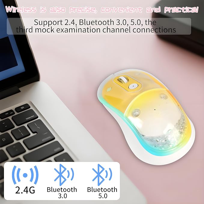elec Space Cute Wireless Bluetooth Mouse - Rechargeable Silent Mouse with Magnetic Sand Cover, 3 Mode Connectivity, RGB Lighting, Ergonomic Design for Home, Office & School Use (Yellow)