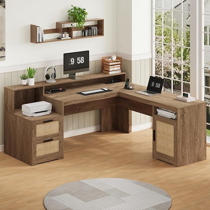 63" Rattan L Shaped Desk with Drawers & Printer Shelf for Home Office | Corner Computer Desk with Storage, Power Outlets, L Shaped Office Desk with Monitor Stand, Printer Shelf, Oak