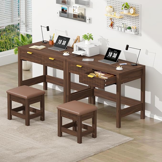 32 Inch Small Fluted Computer Desk with 2 Drawers & Stool for Bedroom | Small Wooden Computer Desk with Storage, Compact Writing Study Vanity Desk with Stool for Small Spaces, Walnut