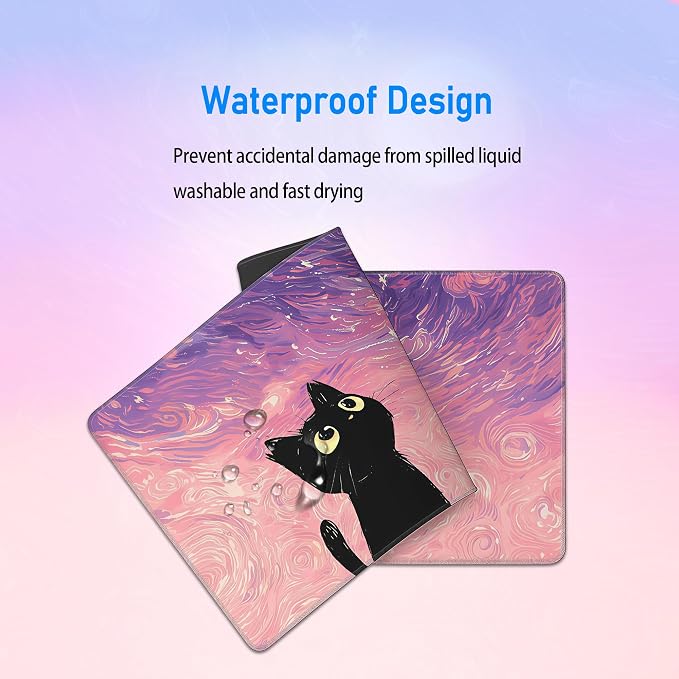 Starry Night Cat Desk Mat,Pink Cute Large Gaming Mouse Pad,31.5x12in | Dreamy Anime Kawaii Extended Mousepad,XL Washable Desk Decor Keyboard Mat,Stitched Edges Mousemat for Women,80x30 cm