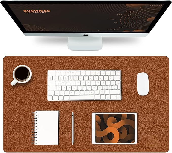 K KNODEL Small Office Desk Mat, Leather Mouse Pad (23.6"x13.8", Brown) | Desk Pad, Keyboard Pad, Computer and Laptop Mat, Desktop Protector and Cover, Writing Pad and Blotter for Home Office