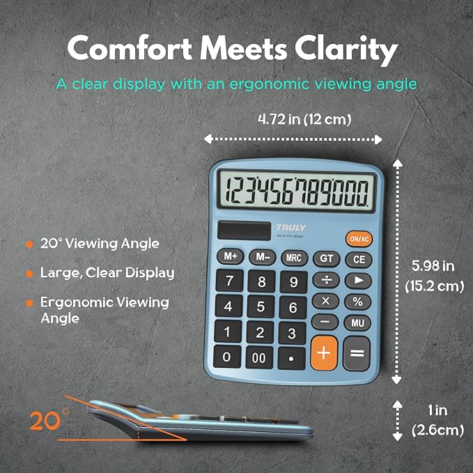 TRULY 12-Digit Desktop Calculator with Large Display, Big Buttons, Dual Power (Solar + Battery), Metal Finish, Ideal for Office, Home, School – 837A Pro Light Blue