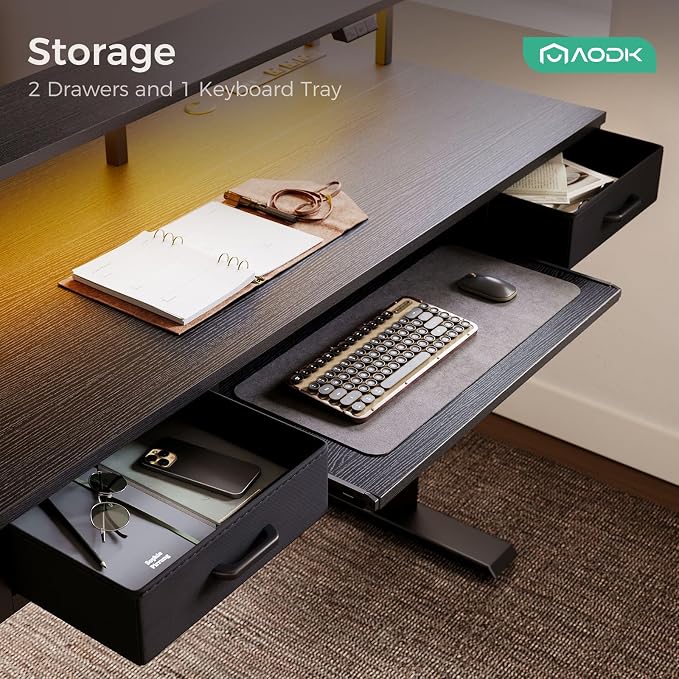 AODK 63 Inch Electric Standing Desk with Drawers & Keyboard Tray, Black | Power Outlet, LED Lights, Monitor Stand, Cable Management Tray, 3 Memory Heights, 29.9"-46.1" in Range