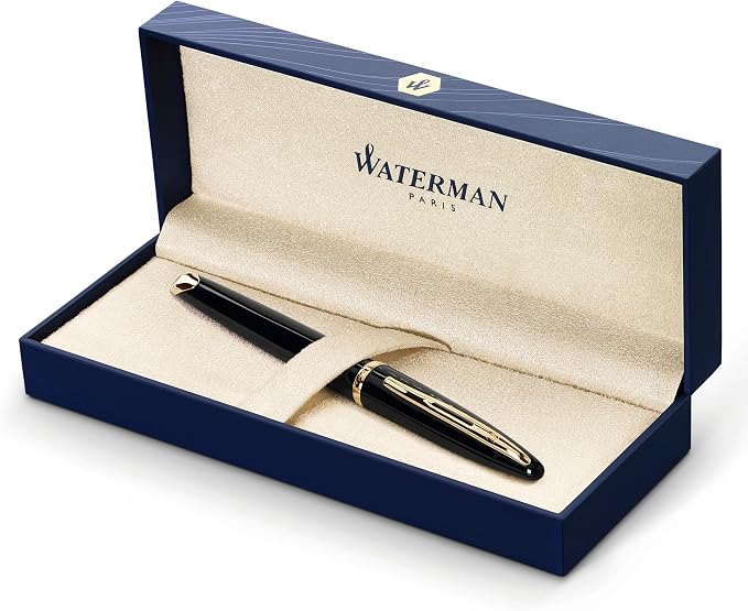 Waterman Carène Black Sea Fountain Pen High-Gloss Black & 23k Gold Clip Medium Nib with Blue Ink Cartridge Gift Box