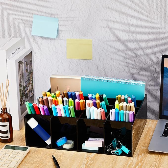 MotiMind Acrylic Pen Organizer Storage for 200 Markers Vertical Marker Organizer Acrylic Pen Display Holder for Office Desk Desktop Stationery Pencil Storage, Black, 13 x 4 x 10.2 Inch