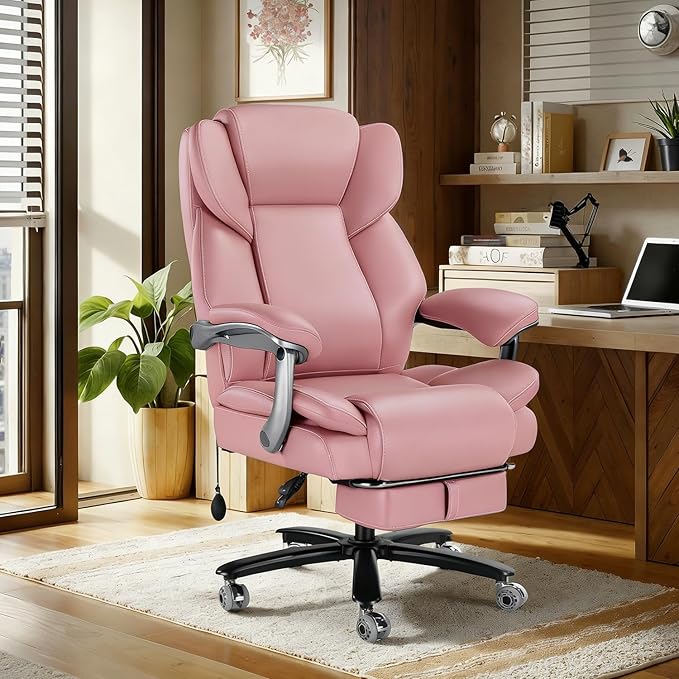 600lbs Big and Tall Office Chair for Heavy People,Heavy Duty Comfy Executive Office Desk Chair with Adjustable Lumbar Support,High Back Reclining PU Leather Computer Chair (Classic, Pink)