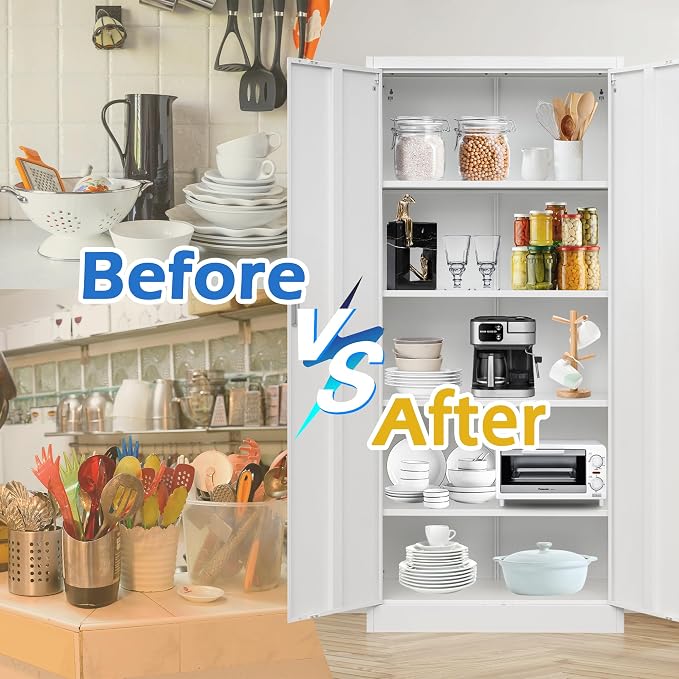 Wanfu Metal Storage Cabinet, 71”H Locking Storage Cabinet with 5 Adjustable Shelves, Steel Cabinets for Garage, Home, Office, Pantry (White)