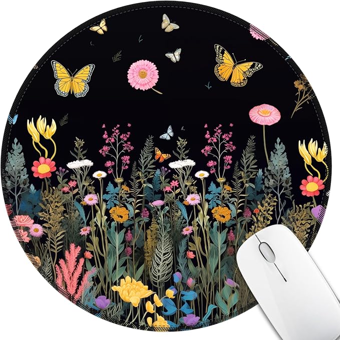 Hancynir Butterfly Floral Round Mouse Pad, Small Mousepad for Laptop Desk | Mouse Mat for Computer, Non-Slip Rubber Base, Office Desk Decor, Gifts for Work Coworker Teacher, 8.6 Inch, Stitched Edges