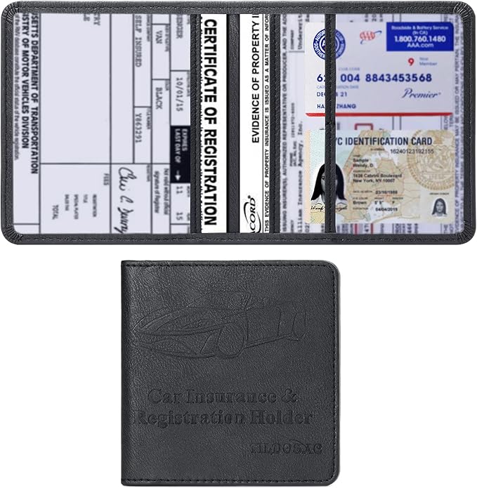 Car Registration & Insurance Card Holder Leather Auto Glove Box Organizer Document Wallet with Magnetic Shut (Black, Small)