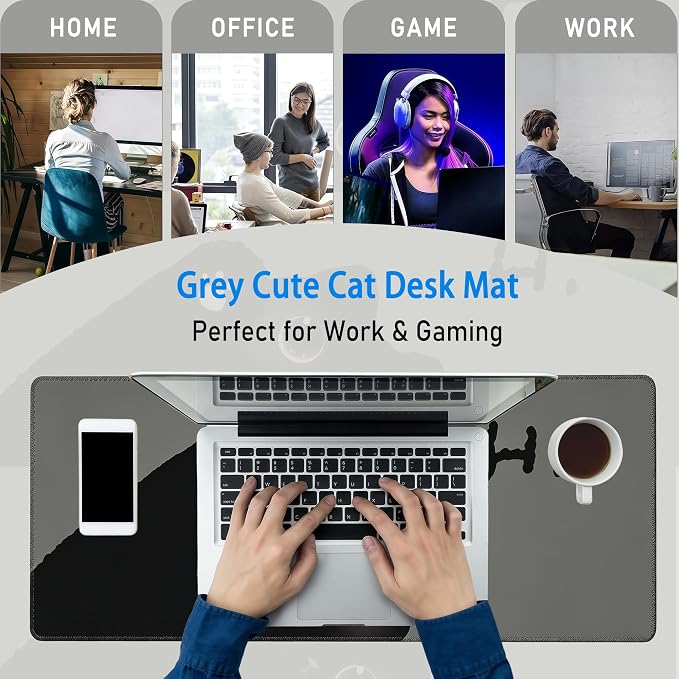 Black Cat Desk Mat,Large Cute Grey Aesthetic Mouse Pad,31.5 x 12 in | Minimalist Kawaii Gaming Mousepad,XL Girly Desk Decor Deskmat for Women,Stain Proof Computer Keyboard Pad,80 x 30 cm