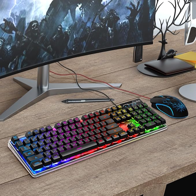 Gaming Keyboard and Mouse Combo, K1 RGB LED Backlit Wired Keyboard with 104 Key Computer PC Gaming Keyboard for PC/Laptop (Black)