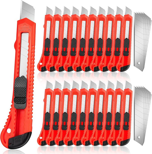 20 Pack Utility Knife, Box Cutter Retractable, Box Knife for Cartons, Cardboard, and Boxes, Box Opener with 10 Pieces 18mm Snap-off Blade, Razor Knife for Office and Home Use, Box Cutters, Red