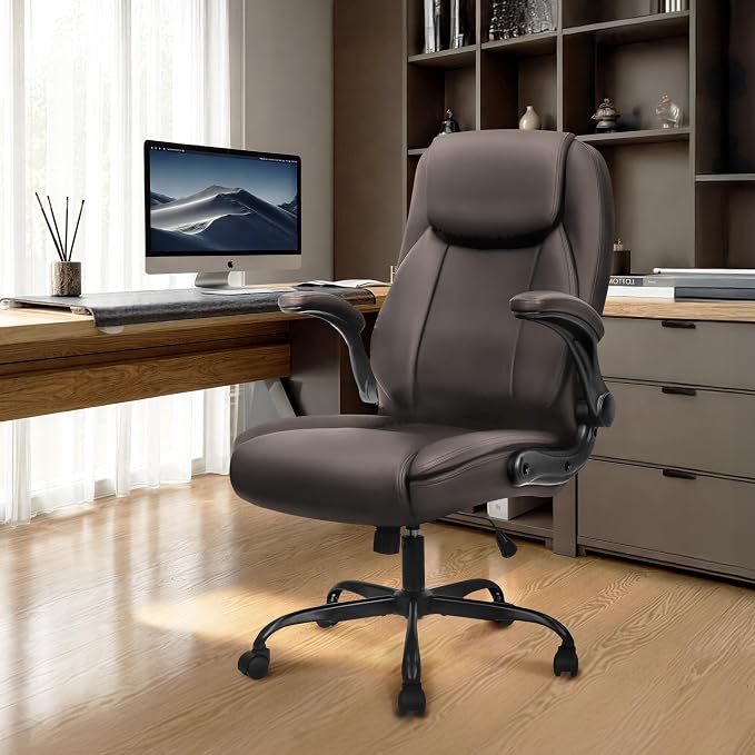 NEO CHAIR Office Desk Chair, High Back PU Leather with Flip-up Arms, Brown | Ergonomic Tall Computer Desk Chair Comfy, Height Adjustable, Swivel Rolling Wheels for Office Home Gaming Study