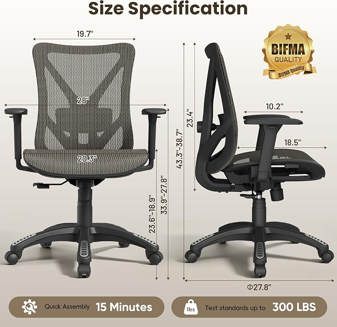 Ergonomic Office Chair, Mesh Computer Desk Chairs with Adjustable Lumbar Support, 3D Armrests, Tilt Function, Comfy Wide Seat, Swivel Executive Work Task Chair for Company and Home