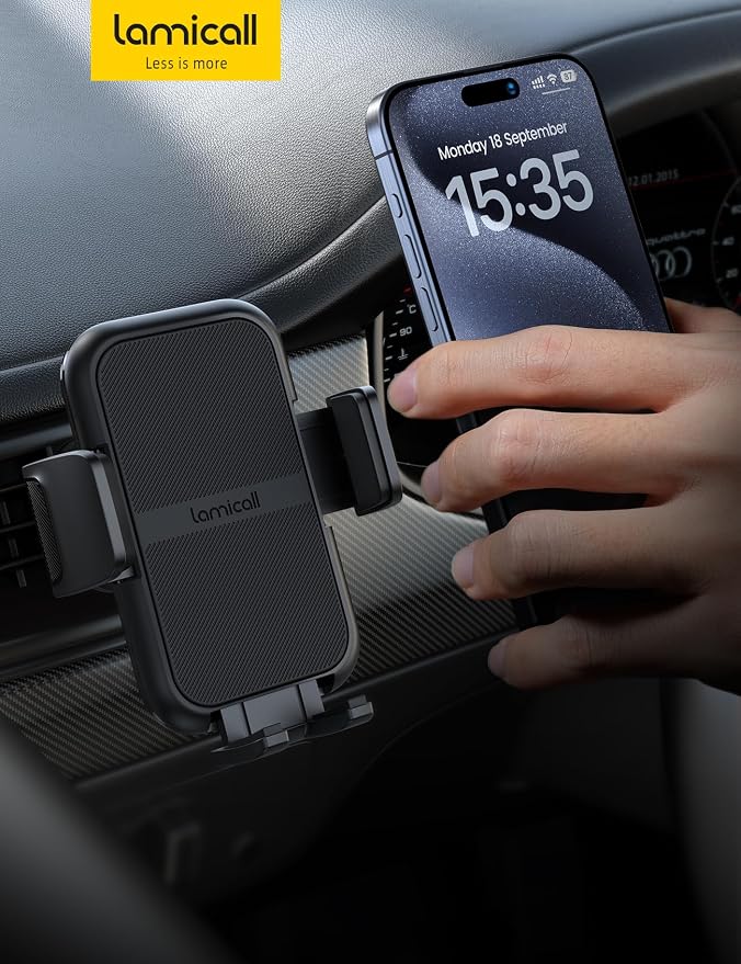 Lamicall 2026 Wider Clamp & Metal Hook Car Phone Holder Vent Accessories | Thick Cases Friendly Phone Holders for Your Car Mount Hands Free for Women Men Gift for iPhone 17 16 15 14 13 Pro Max Black