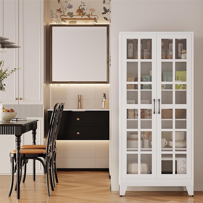 QINPTWUT 71" Tall Glass Door Storage Cabinet, Modern Metal Pantry Cabinet with 4 Adjustable Shelves, Freestanding Display Cabinet for Kitchen, Living Room, Dining Room, Home Office (White)