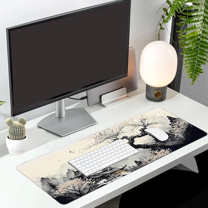 Long Gaming Mouse Pad Extended Anime Large Desk Pad with Non-Slip Base Full Keyboard Mat with Stitched Edges for Gaming and Office 31.5 x 11.8 inches (Wash Painting)