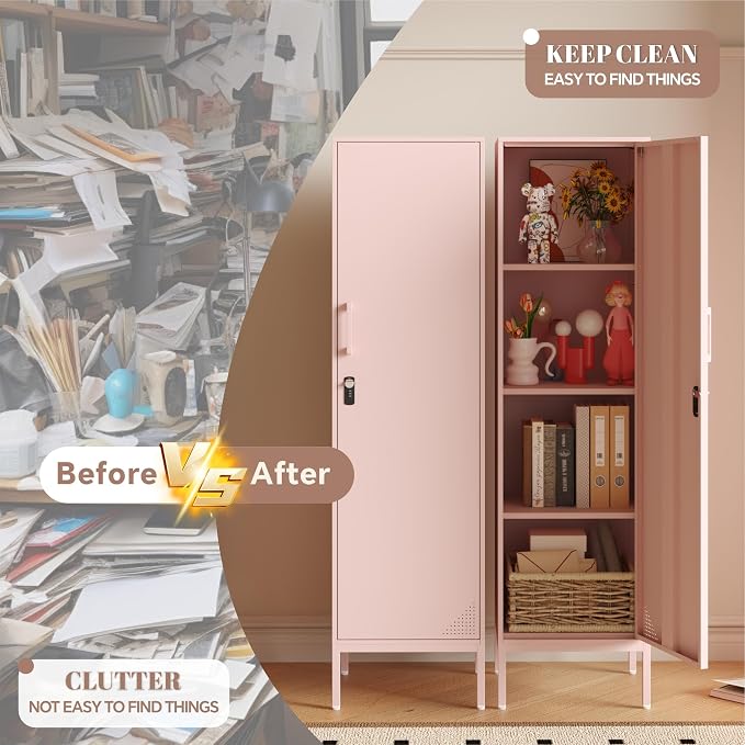 Pink Metal Locker Cabinet, 59.1" Lockable Storage Locker for Employees with Adjustable Shelves, Locking File Cabinet Door for Office, School, Gym, Garage