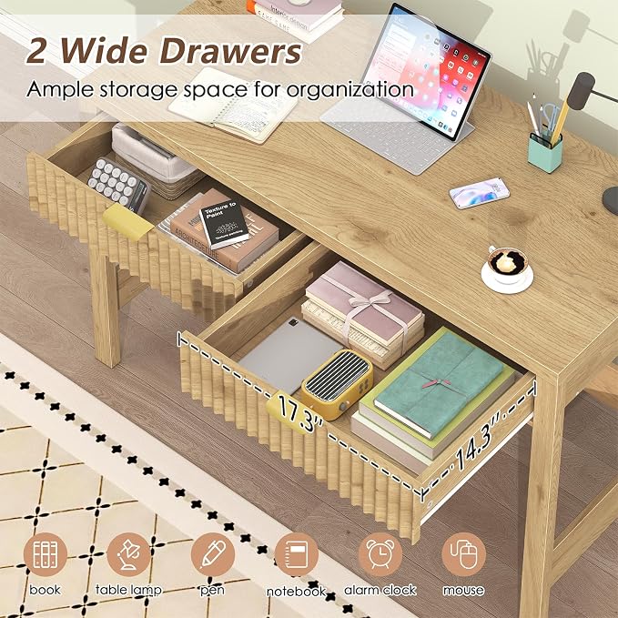 39 Inch Small Fluted Computer Desk with 2 Drawers for Bedroom, Home Office | Small Computer Desk with Storage, Compact Writing Study Desk for Small Spaces, Oak