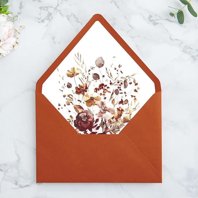 PONATIA 50PCS A7 Euro Flap Envelopes, Burnt Orange Liner Envelope, Perfect 5x7 Envelopes for Wedding Invitation Cards, Christmas Gift Cards Envelope, Acrylic Invitations, Photos