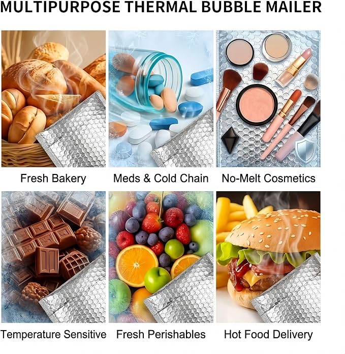 50 Pack 11x14 Inch Insulated Bubble Mailers for Cold Shipping, Silver Foil | Metallic Thermal Padded Shipping Bags with Self-seal Closure, Water-resistant and Protective Bubble Cushioning Envelopes