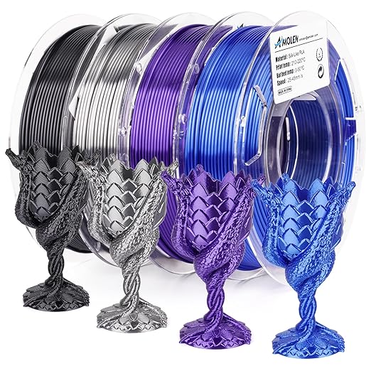 AMOLEN Silk 3D Printer Filament Bundle, PLA Filament 1.75mm Pack, Shiny 3D Printing Filament for Most FDM 3D Printer, Black, Purple, Silver Grey, Sapphire Blue, 200g X 4