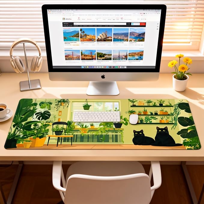 Cute Anime Black Cat Gaming Mouse Pad, Green Yellow Urban Jungle Desk Mat with Anti-Slip Base & Stitched Edges, Office & Home Desk Decor for Women, 35.4" x 15.7" in Computer Desktop Mat