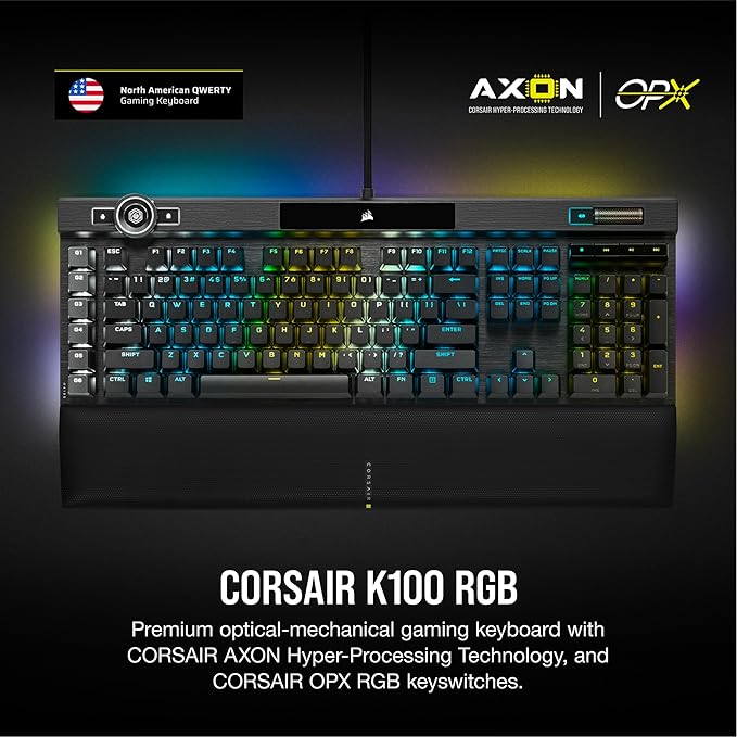 Corsair K100 RGB Optical-Mechanical Wired Gaming Keyboard - QWERTY US Layout, OPX Switches - PBT Double-Shot Keycaps - Elgato Stream Deck and iCUE Compatible - Black