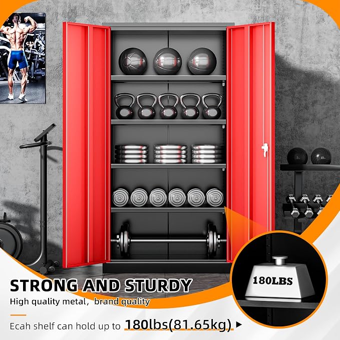 Metal Storage Cabinet with Doors, 72" Locking Steel Storage Cabinet with Shelves, Tall Metal Cabinet Lockable Steel Cabinets for Home Office, Garage,(Black+Red)