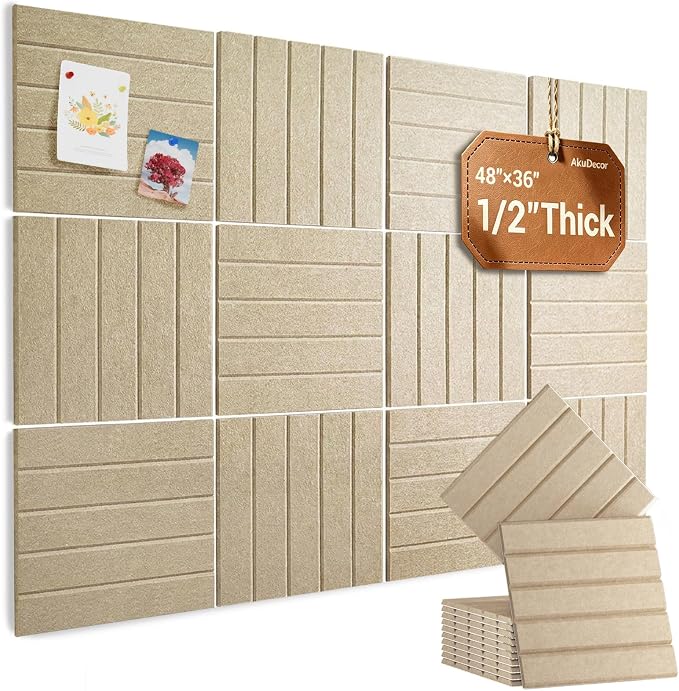 48" x 36" Large Felt Bulletin Board 1/2" Thick, Tan | 12 Pack Felt Tiles, Cork Board Alternative, 60 Adhesive Tabs, Pin Board for Home Office Decor with Easy Install