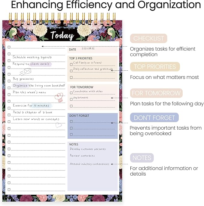 To Do List Notepad - Undated Daily Planner for Work and Goal Achievement | 52 Sheets, Large Writing Space, Ideal for Home, Office & School, Perfect for Daily Planning & Staying Organized,Big Bloom