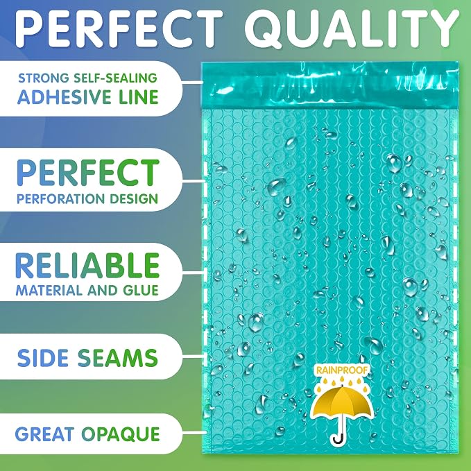 Poly Bubble Mailers, 8.5 x 11 Inch Teal Padded Mailers, Self Seal Shipping Envelopes, Lightweight Poly Mailer Bags, Waterproof Mailing Bags, Pack of 25