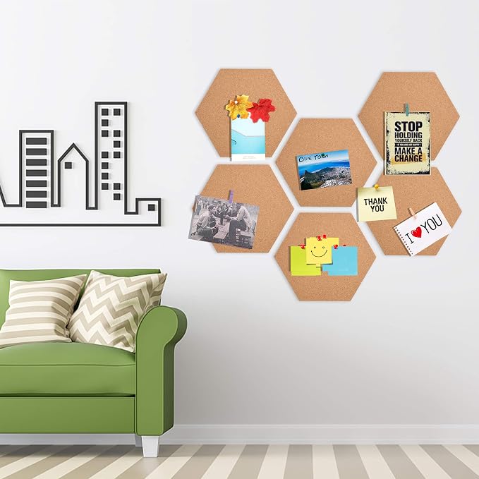 SUNGIFT Hexagon Cork Board Tiles, 6 Pack, 1/2" Thick, 12" x 10.2" | Self-Adhesive Cork Pin Boards with 50 Push Pins for Lightweight Notes, Photos and Dry Indoor Smooth Walls