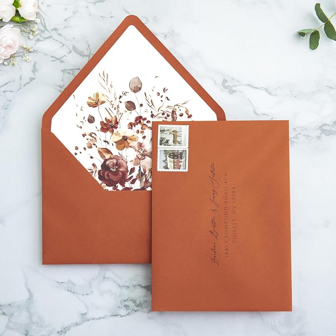 PONATIA 50PCS A7 Euro Flap Envelopes, Burnt Orange Liner Envelope, Perfect 5x7 Envelopes for Wedding Invitation Cards, Christmas Gift Cards Envelope, Acrylic Invitations, Photos