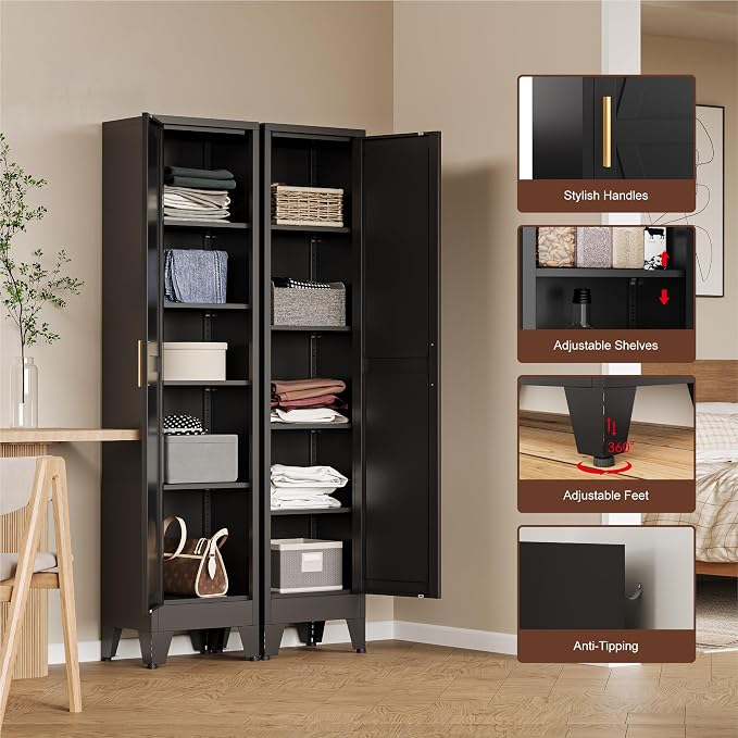 COFaR Tall Bathroom Cabinet, Metal Farmhouse Narrow Slim Storage Cabinet with Adjustable Shelves Barn Door for Bathrooms, Kitchens, Entrances Living Room (Black)