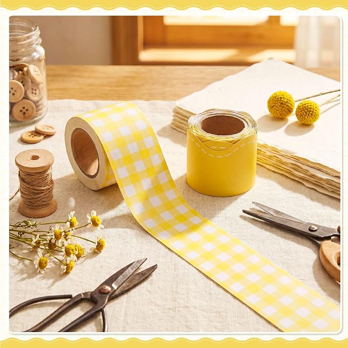 2 Rolls 65.6ft Yellow Gingham Bulletin Board Borders Decoration Yellow Checkered and Straight Edge Bulletin Borders Board Trim for Office School Classroom Chalkboard Party Decoration