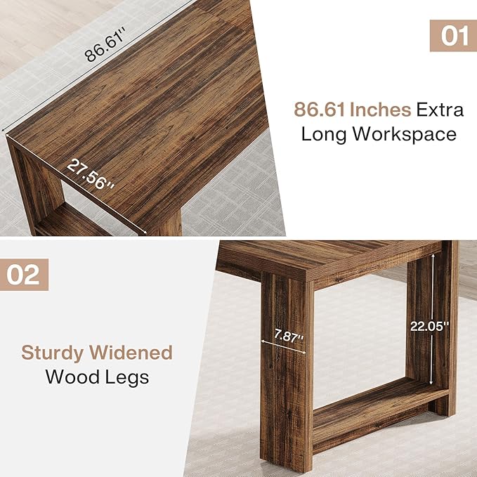 Tribesigns 2 Person Desk Set of 2, 86.6 Inches Extra Long Desk, Two People Computer Writing Table, All Wood Large Desks Workstation for Home Office, Rustic Brown