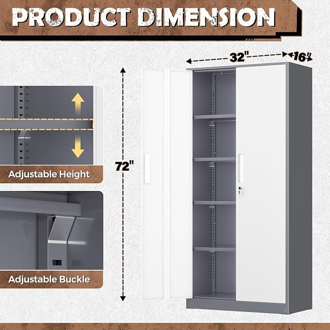 Metal Storage Cabinet, 72” H Storage Cabinet with Doors and Adjustable Shelves for Office, Home, Garage, Pantry (Assembly Required, Grey White)