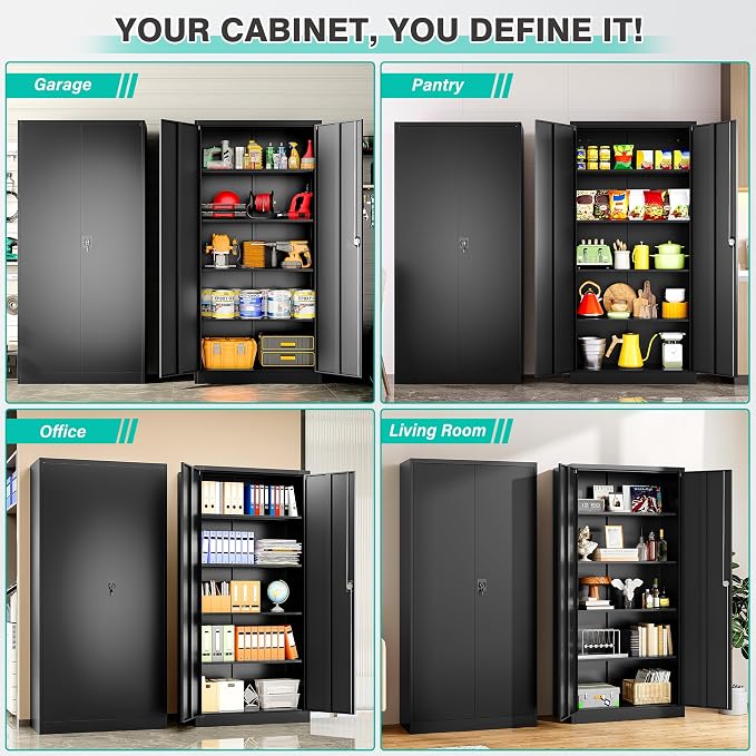 Metal Storage Cabinet with 2 Doors and 5 Shelves,71" Lockable Garage Storage Cabinet,Black Metal Cabinets with Lock,Locking Steel Cabinets for Home,Office,Garage,Shop,School