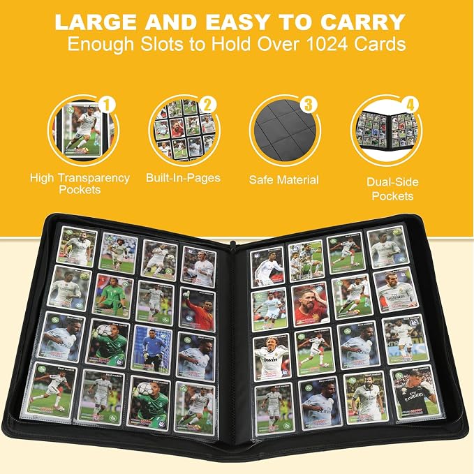16 Pocket Ringless Side Loading Trading Card Binder, 1024 Cards PU Fixed Page Zipper Card Album for TCG Sports Game Cards, Not Fit Top Loaders (Black)