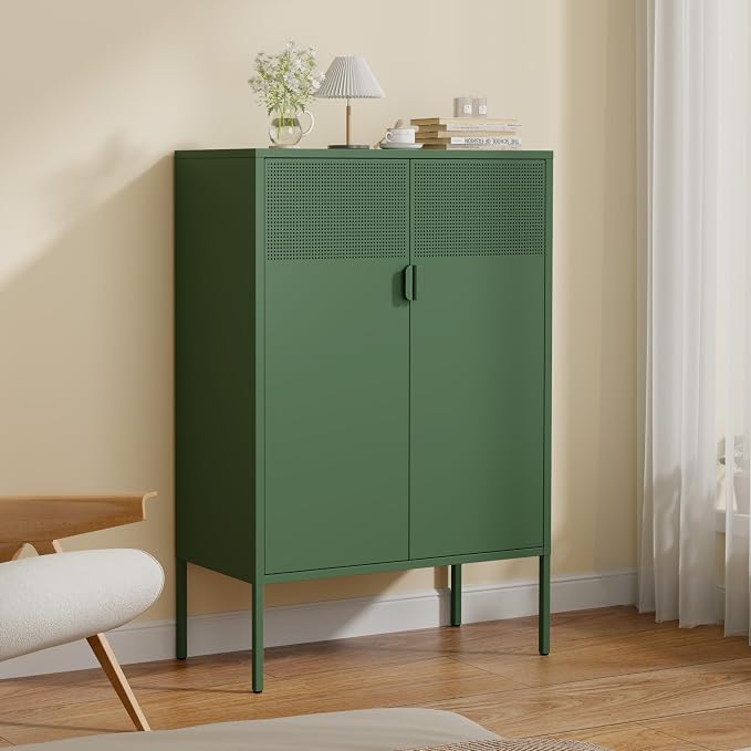 3-Tier Metal Storage Cabinet with 2 Adjustable Shelves & Mesh Doors | Metal Locker Accent Cabinet with Legs, Green Storage Cabinets, Metal TV Stand Cabinet for Home Office, Entryway & Hallway