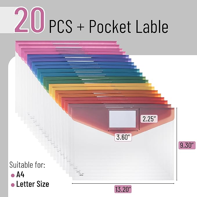 Mr. Pen- Clear Plastic Envelopes, 20 Pack, A4, Letter Size, Colorful, Clear Folders for Documents Plastic Envelopes for Documents